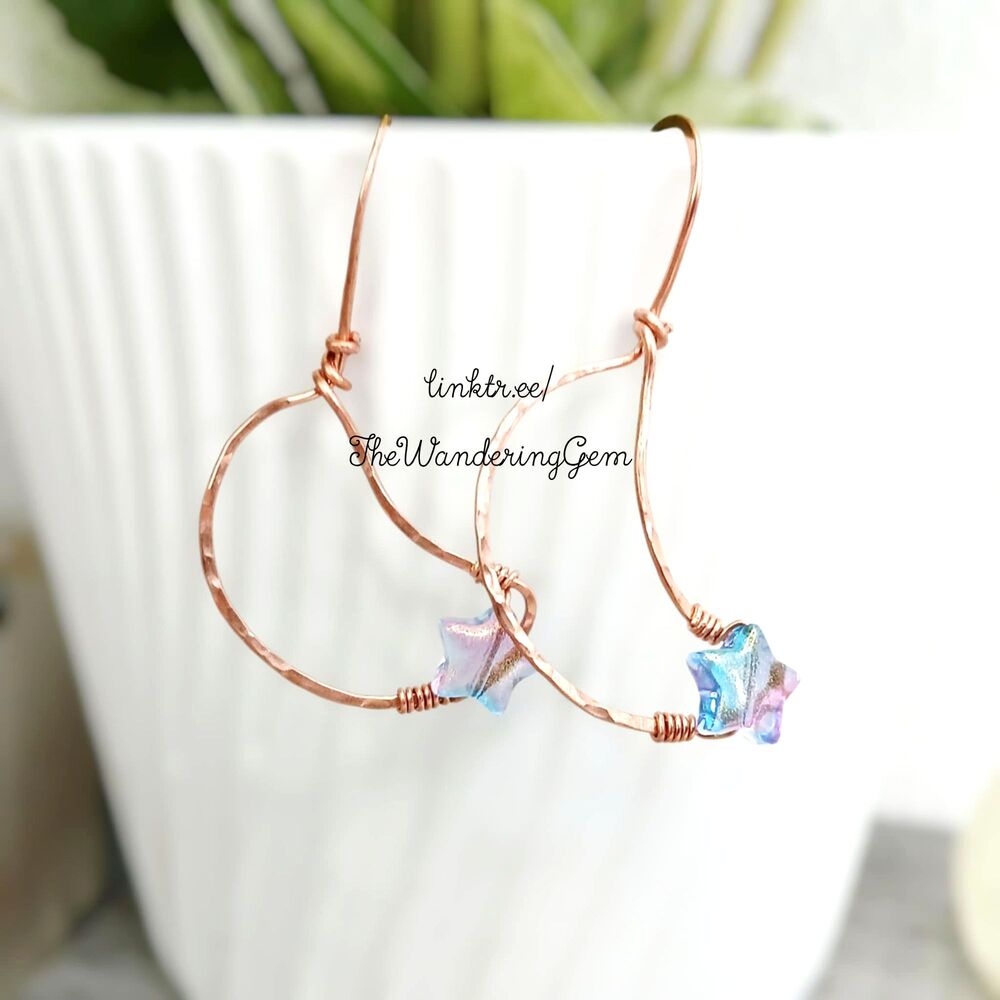 BOGO EARRINGS Upcycled Copper Star Beaded Crescent Moon Dangle Earrings, 2"